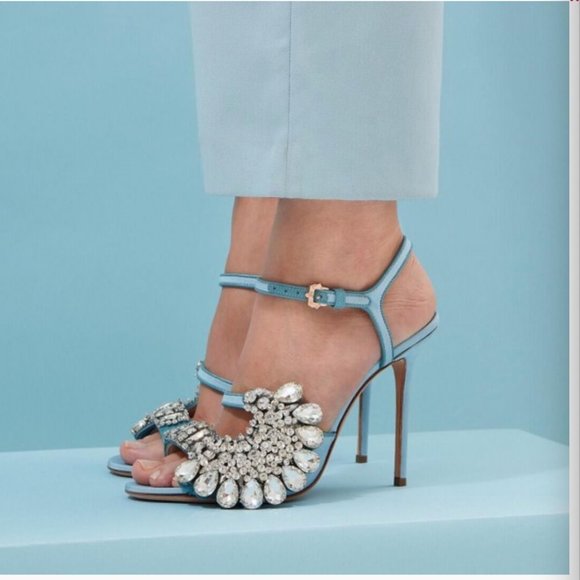 FSJ Shoes - Light Blue Rhinestone Stiletto Heel Jeweled Sandal